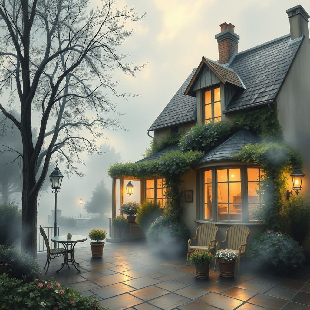 Enchanting Terrace in Hyperdetailed Gouache Style