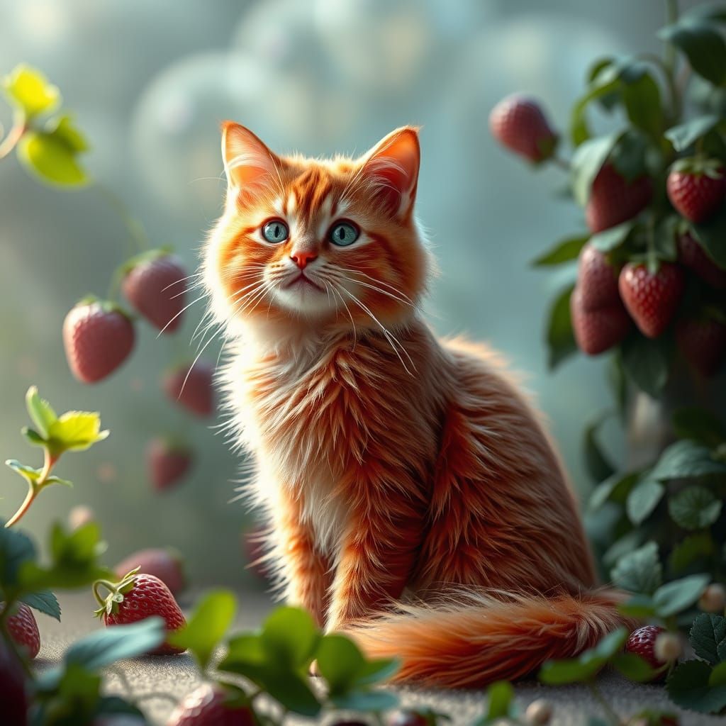 Whimsical Strawberry Cat in Dreamy Studio Setting