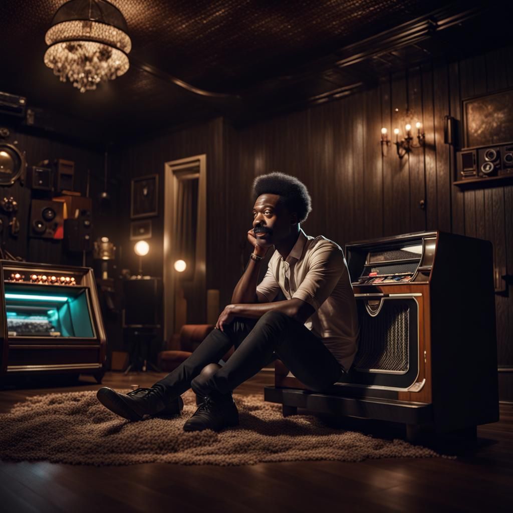 Amused Man in Moody, Hyperrealistic Living Room