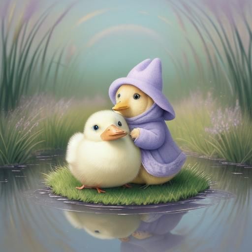 A cute, pouting duckling sits in a small puddle while the sk...