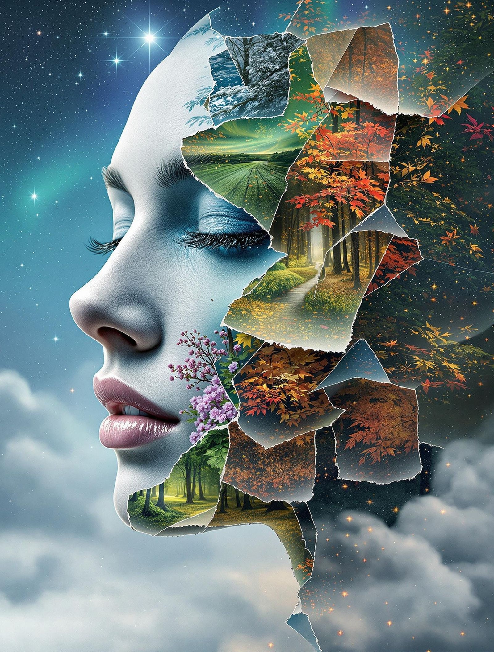 Surreal Seasonal Face in Double Exposure Style