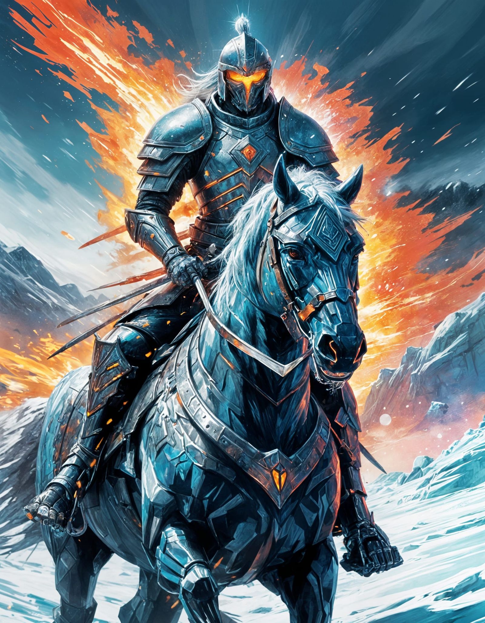Cybernetic Knight Charges Frozen Battlefield in Post-Impress...