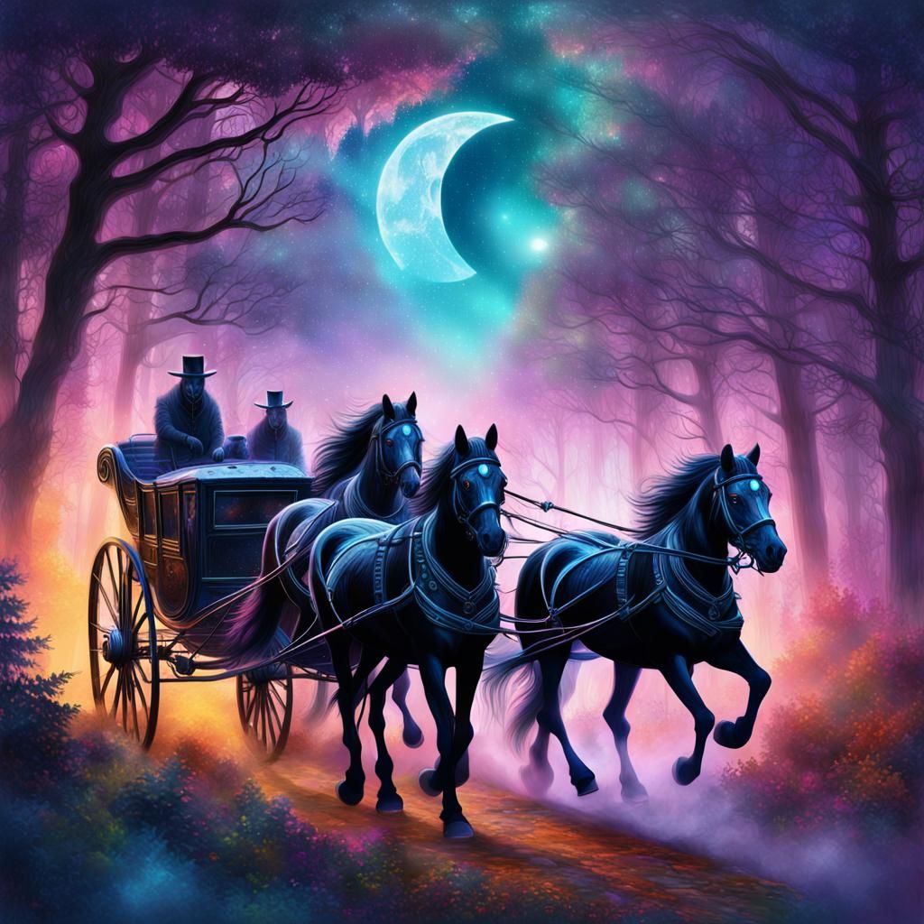 Black Horses Pulling Carriage in Misty Forest