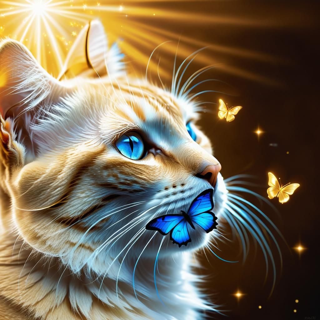 Elegant Blonde Cat with Glowing Butterfly in Mystical Airbru...