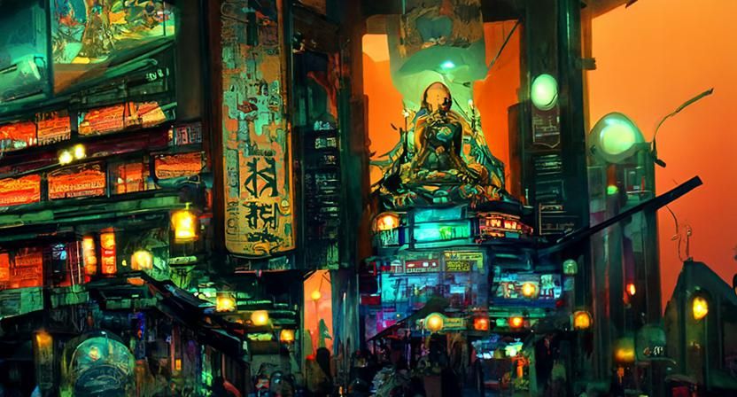 Cyberpunk Buddhist Temple in Shinjuku Illustration