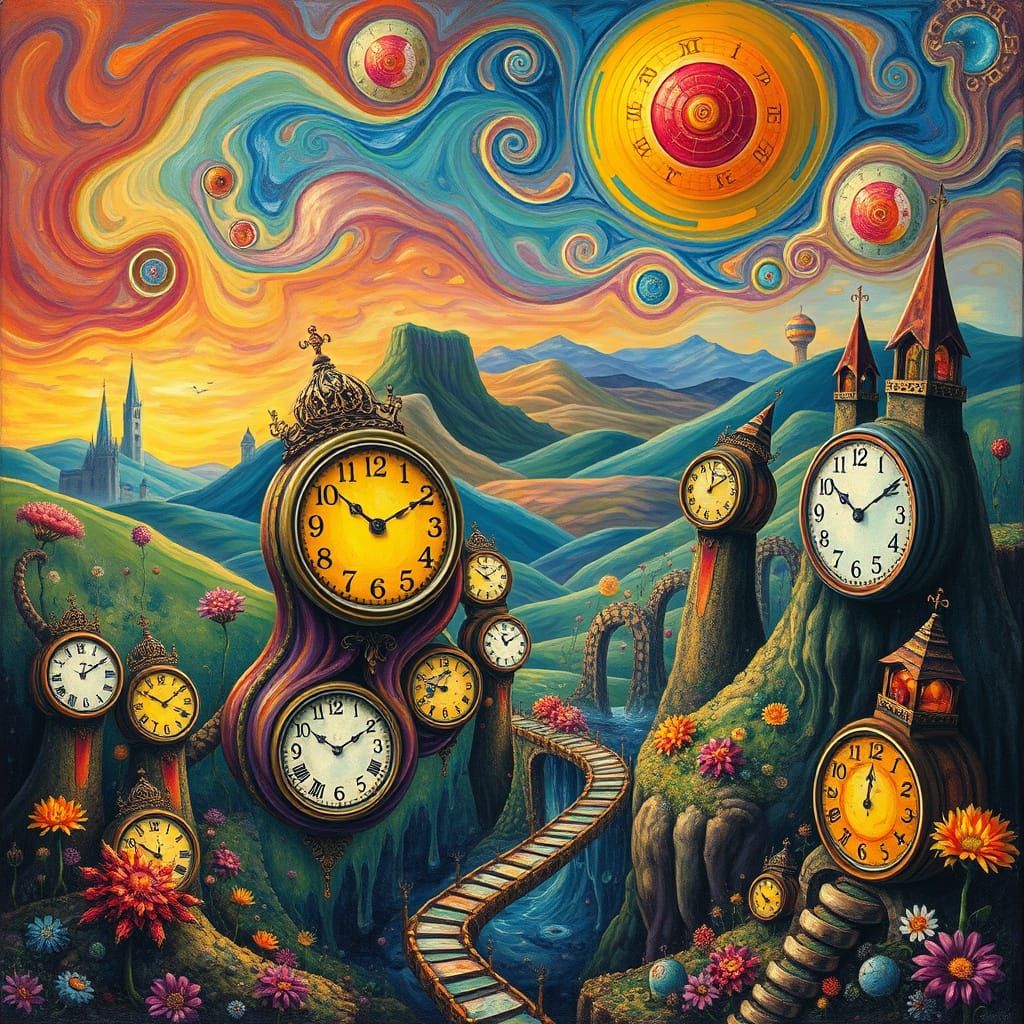 Surrealist Fantasy World with Melting Clocks in Whimsical St...