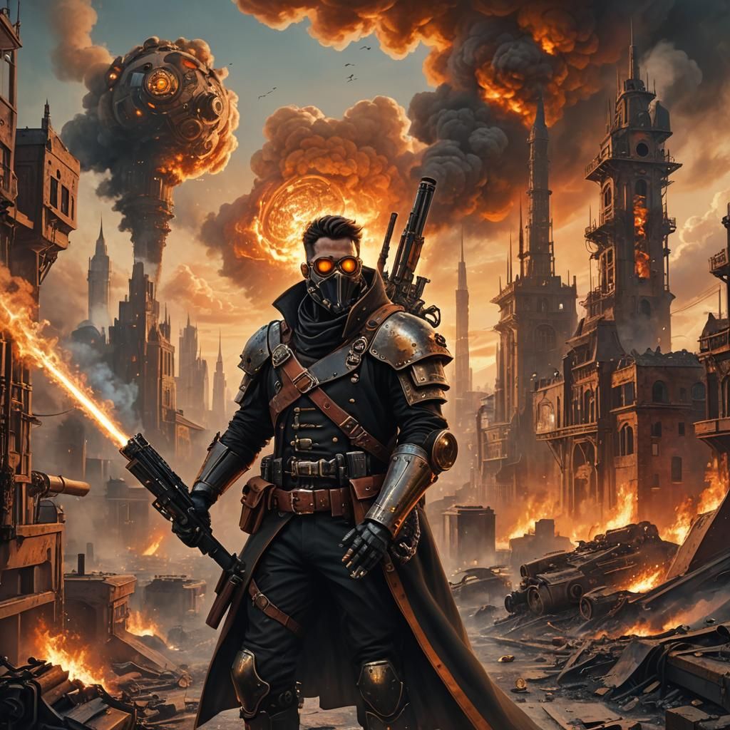 Steampunk Soldier Observes Burning Cityscape