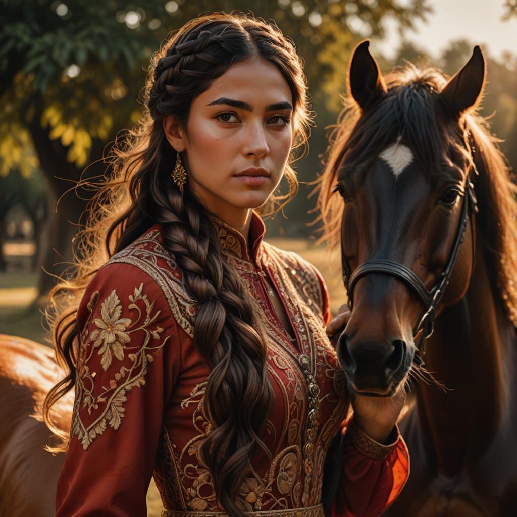Hyperrealistic Armenian Woman Rides Horse in Warm Golden Lig...
