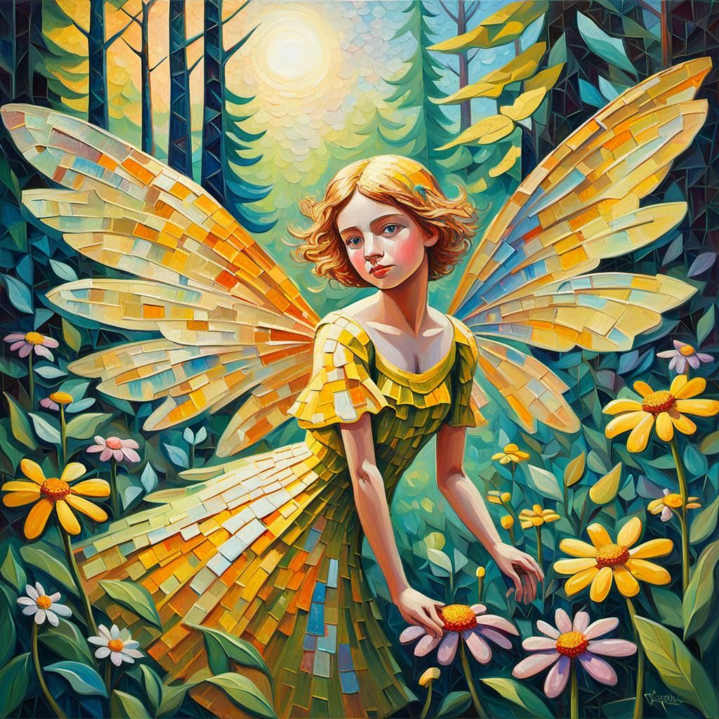 Fairy in Woods: Neo-Impressionist Oil Painting