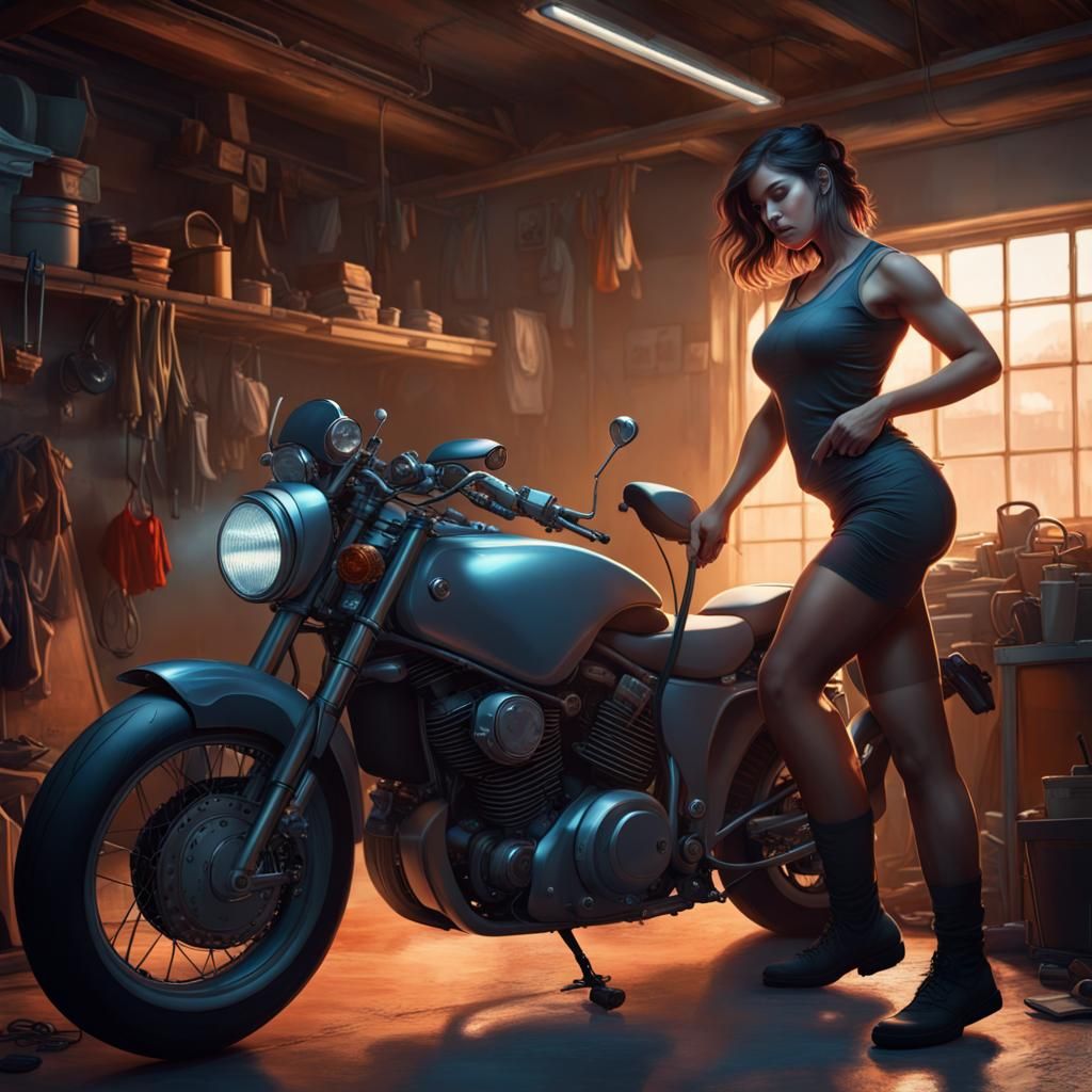 Woman Cleans Motorbike: Hyperdetailed Artgerm Portrait