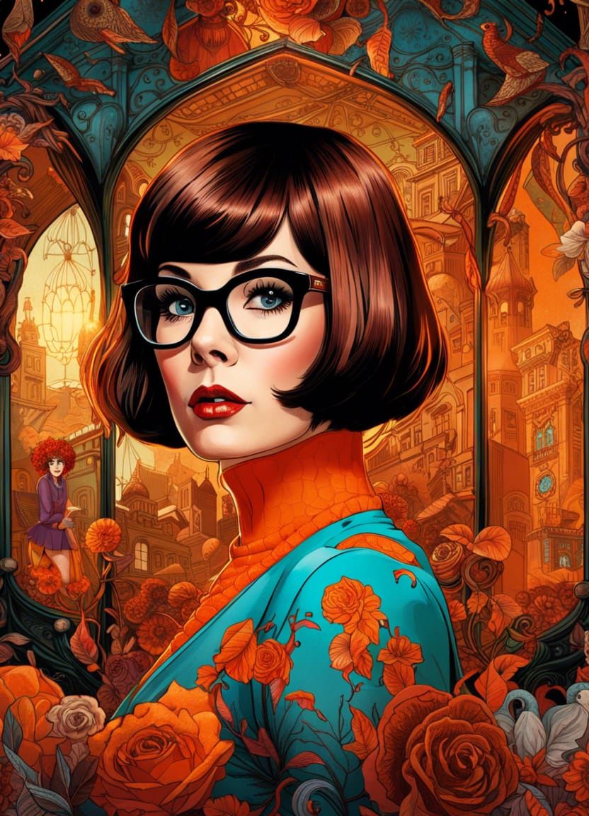 Hyperrealistic Portrait of Velma Dinkley in Haunted House