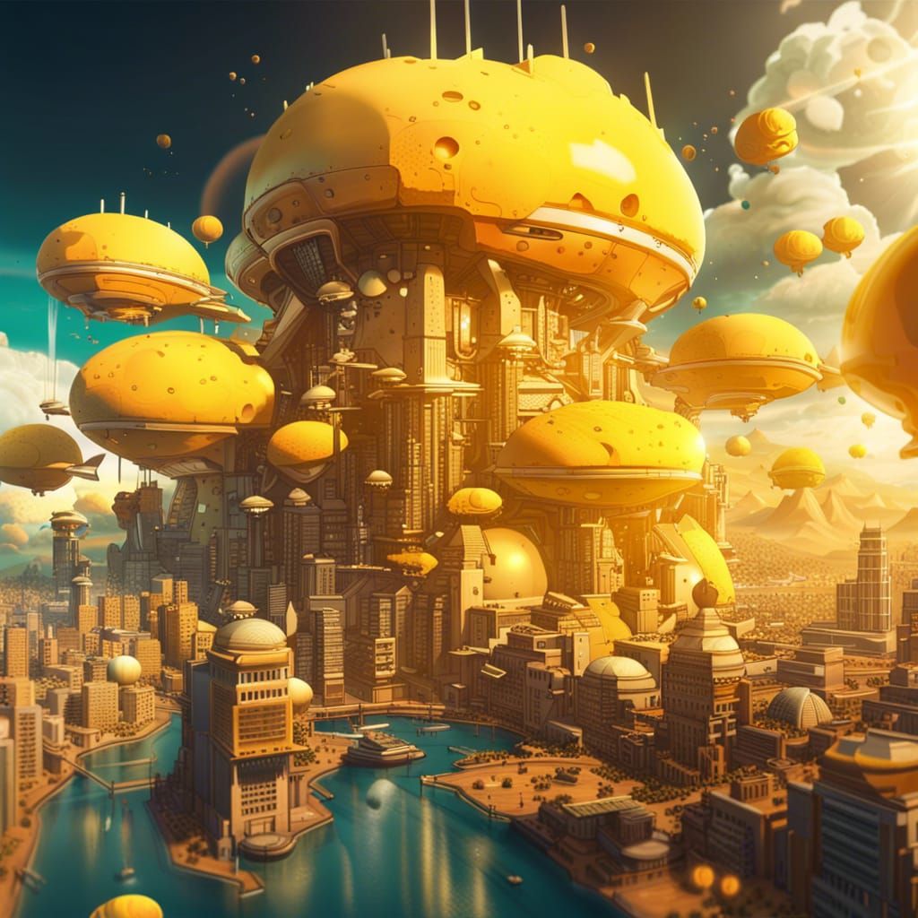 Futuristic Cheese City with Spaceships in the Sky