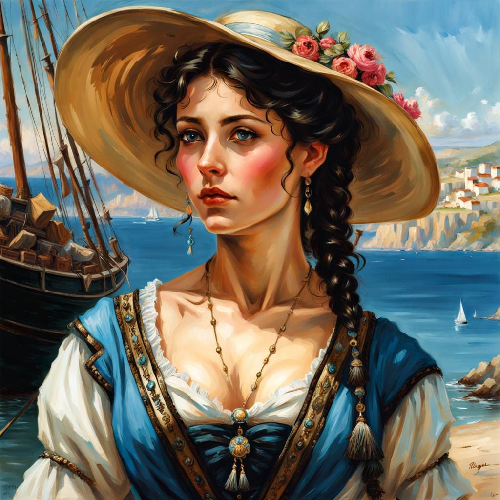 Pretty Spanish Woman in 1870s Harbour, Hyperdetailed