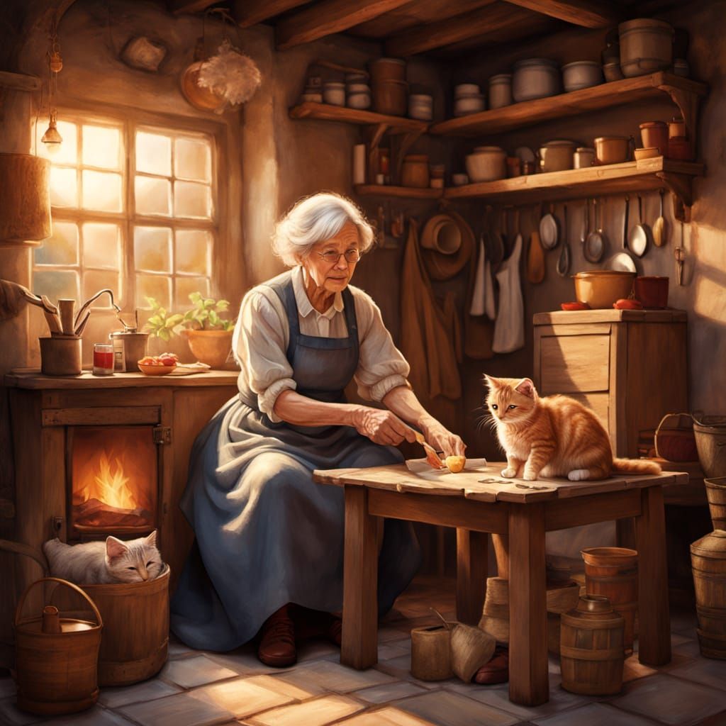 Charming Fantasy Art: Woman Tends to Cat