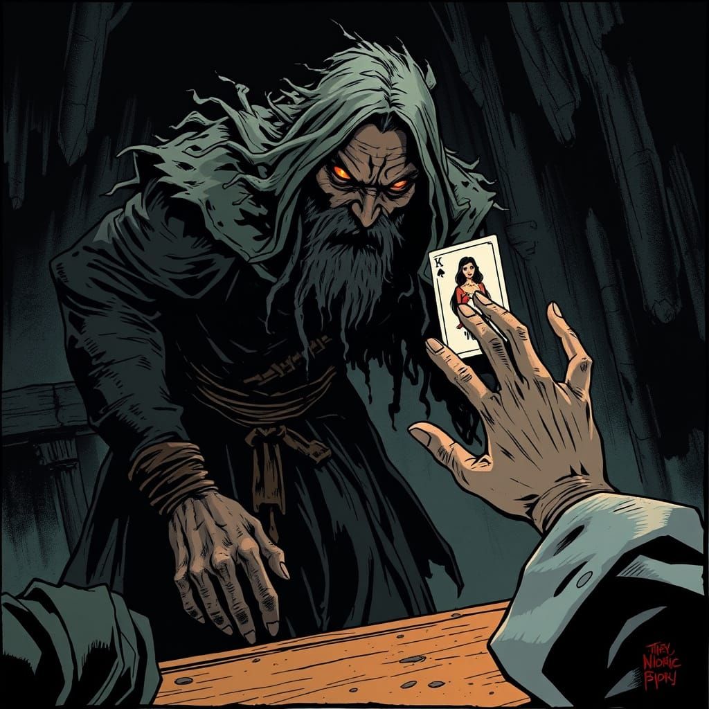 Ominous Wizard Confrontation in Graphic Novel Style