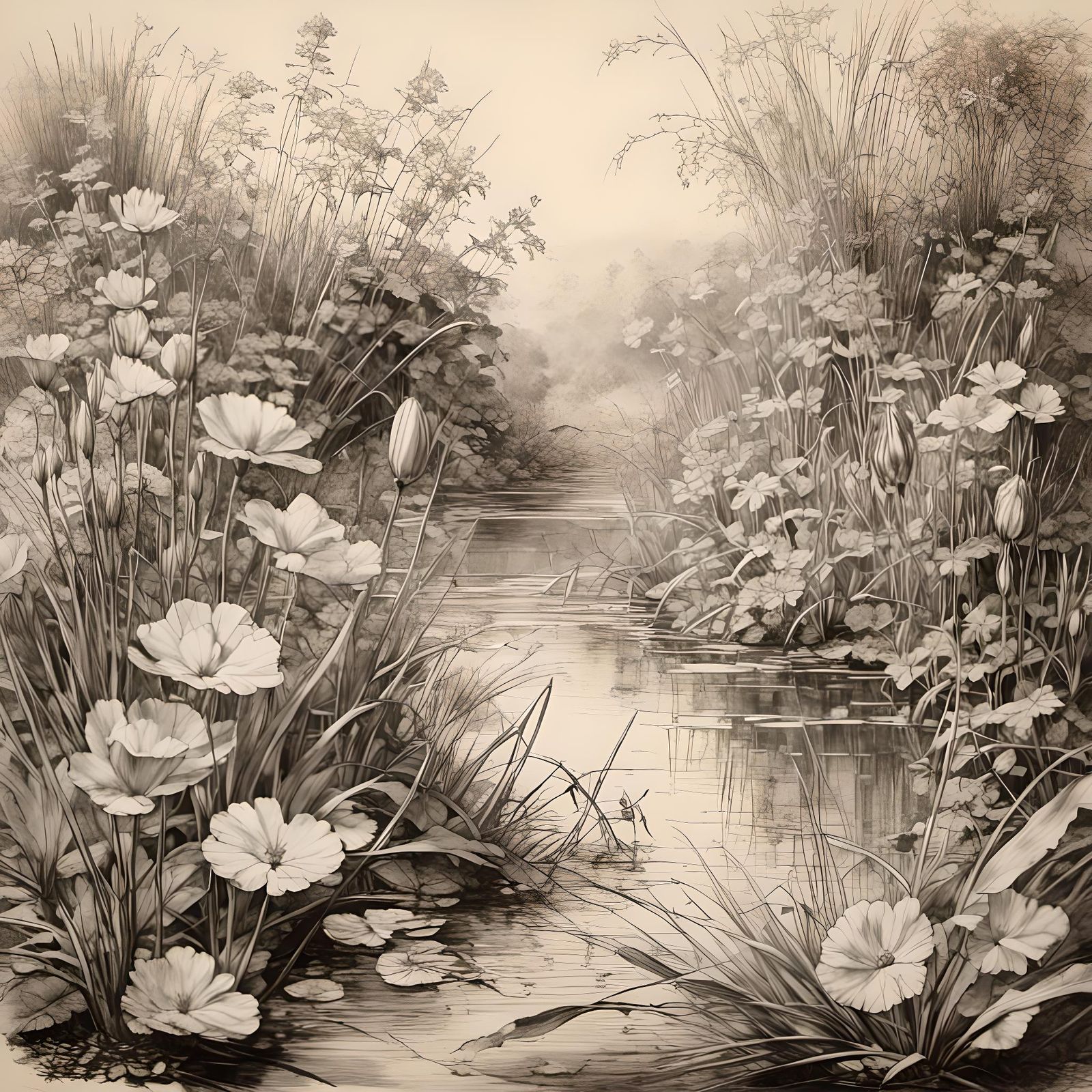 Victorian Water Plants in Chromolithograph Style