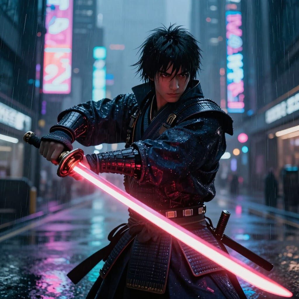 Futuristic Samurai with Laser Sword in Neon Dystopian City