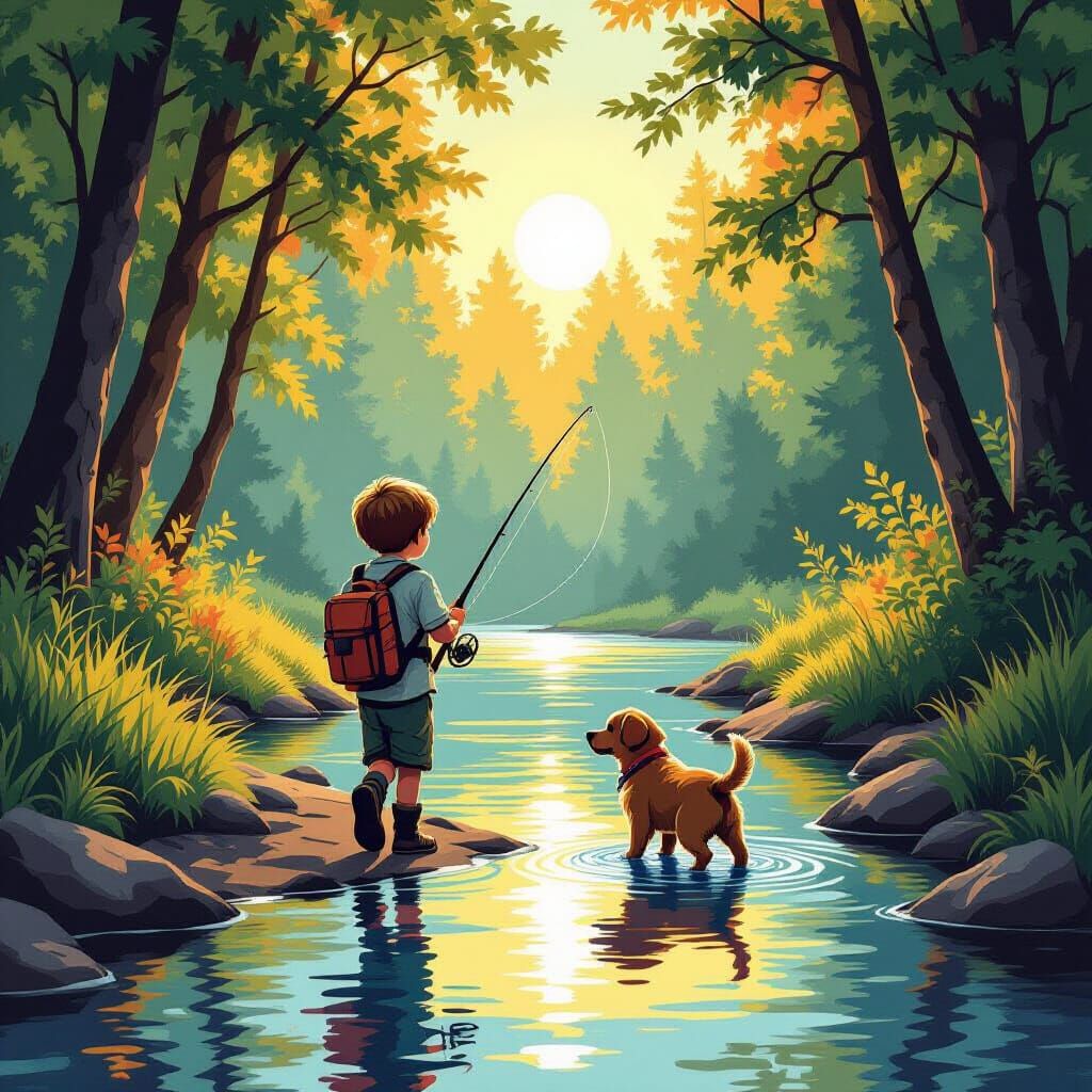 Boy and Puppy by River in Hyperrealistic Comic Style