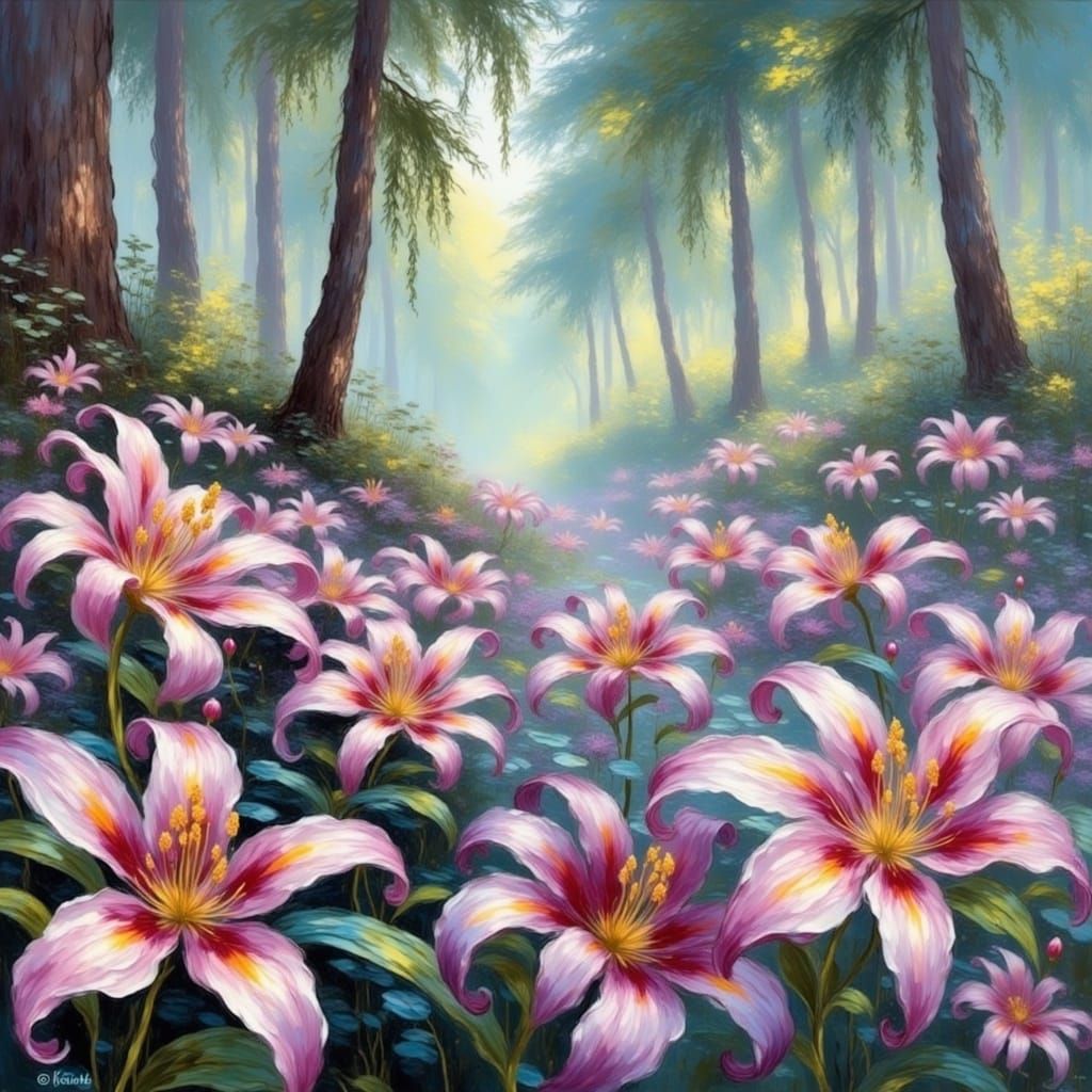 Dreamy Gouache Forest Field of Lilies