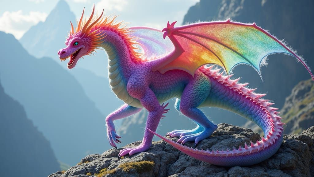 Ethereal Crystal Dragon in Rainbow Hued Mountain Lair