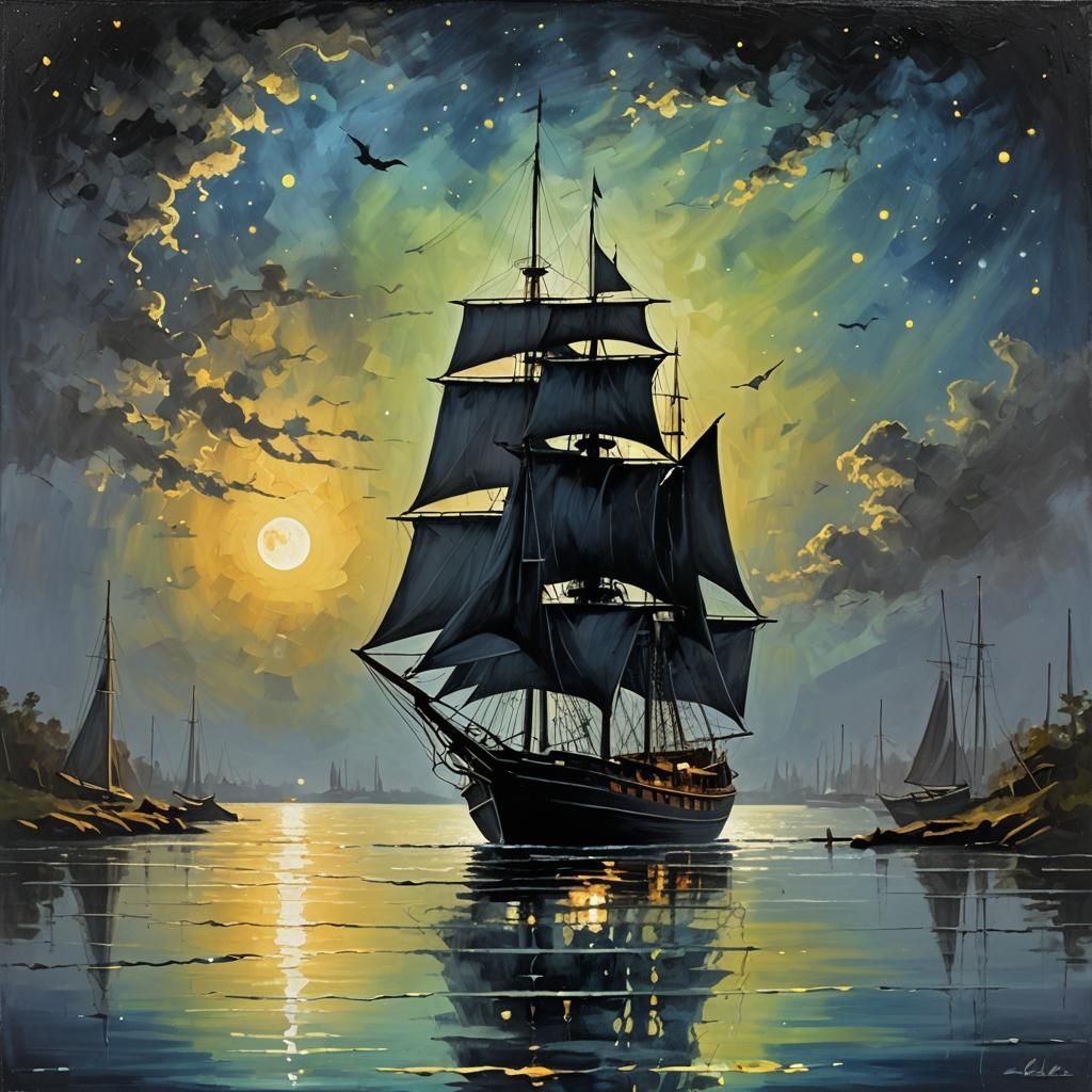 Silver Moonlit Sailboat in Atmospheric Impressionist Style