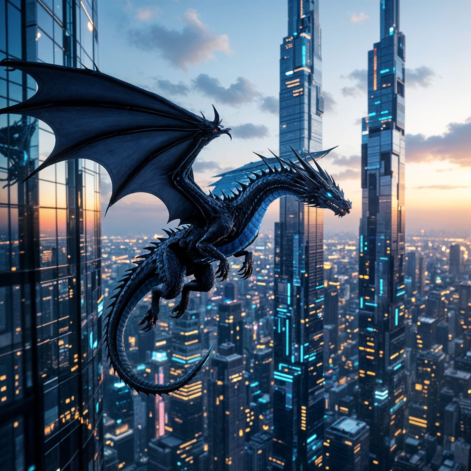 Black and Blue Dragon Over Futuristic City in Mirrored Glass...