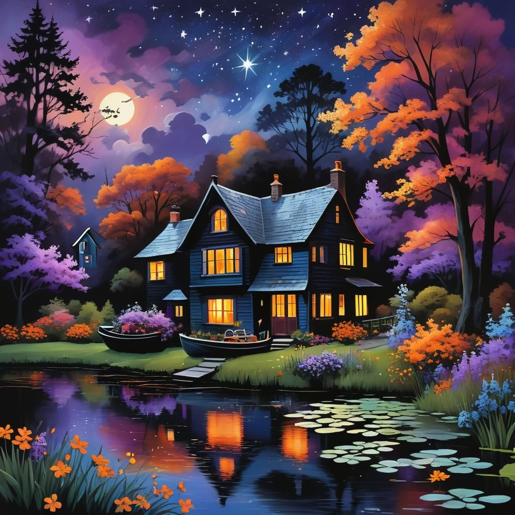 A cool blues and purples contrasted with vivid oranges and g...