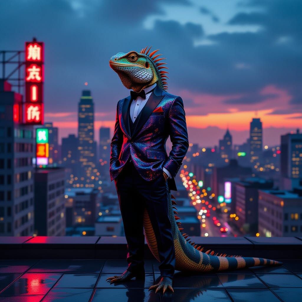 Cyberpunk Lizard in Suit Over Metropolis at Dusk