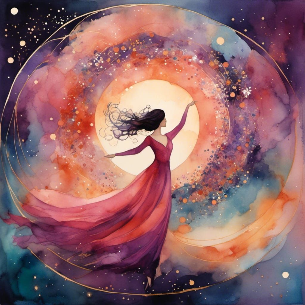 Dancing Woman and Universe in Watercolor Illustration