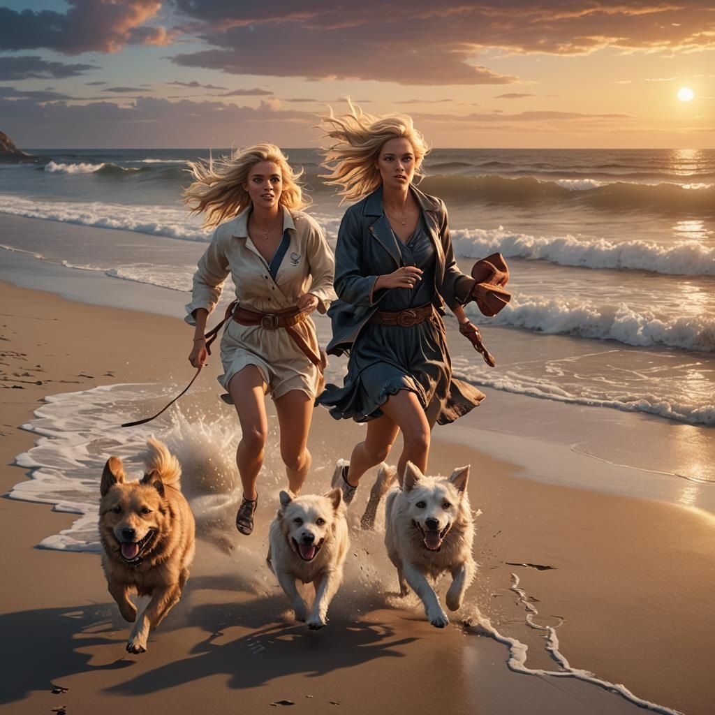 Blond Girls Run on Beach at Sunset