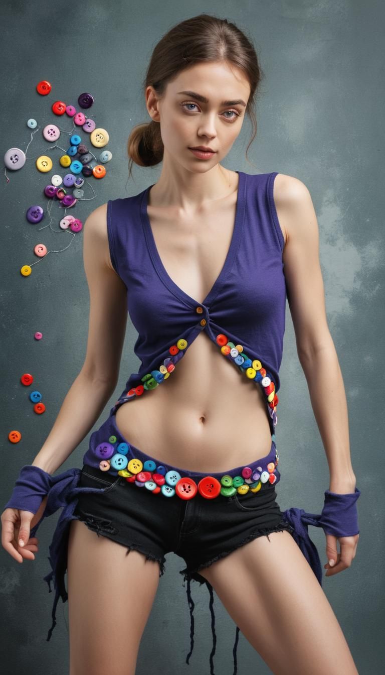 T-shirt mockup made of colorful buttons having woollen threa...