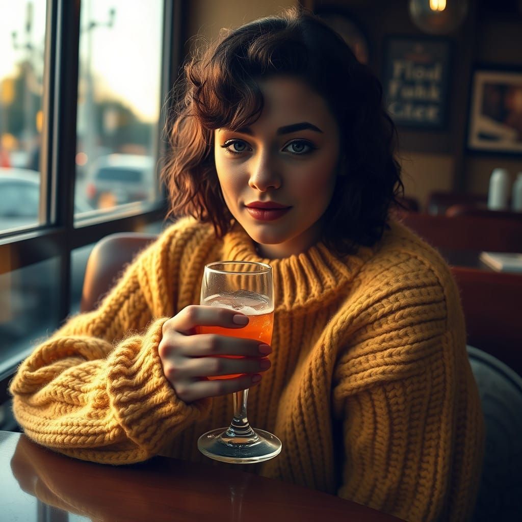 Woman in Cozy Cafe Setting with Hyperrealistic Detail