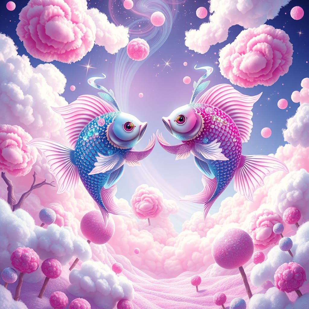 Whimsical Pisces Zodiac Fish Dance in Vibrant Candyland