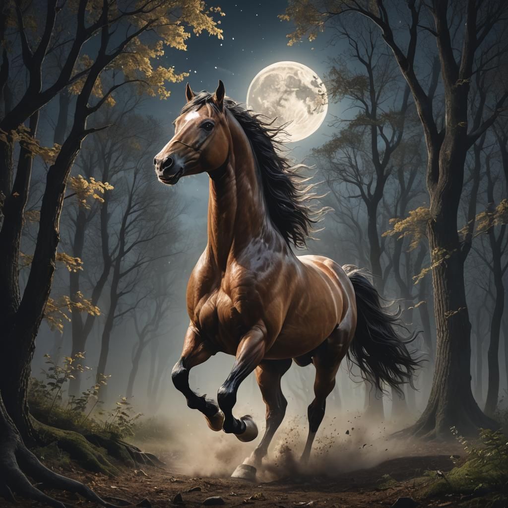 Horse of Light Galloping Through Forest at Night