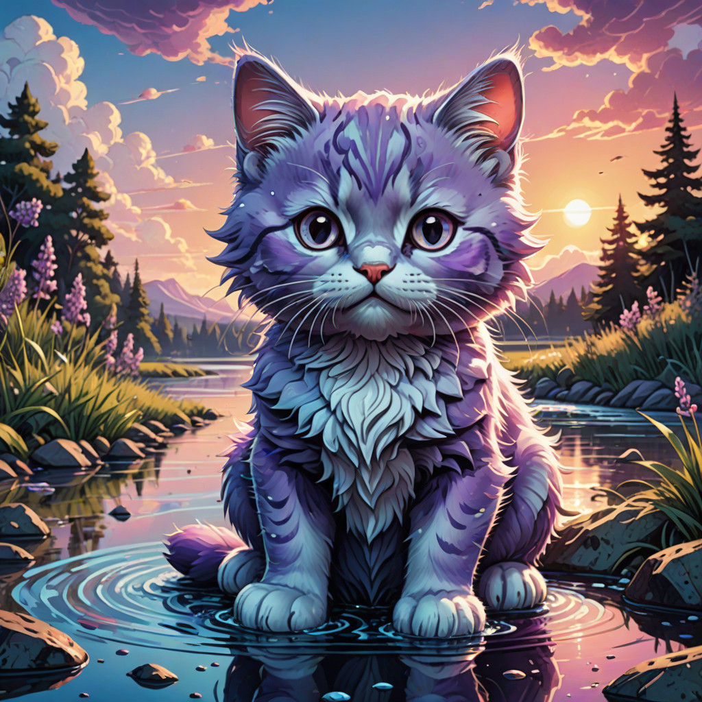 Vibrant Cartoon Lilac Kitty on Riverbank