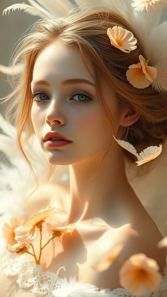 Ethereal Portrait of a Woman with Feathers and Flowers