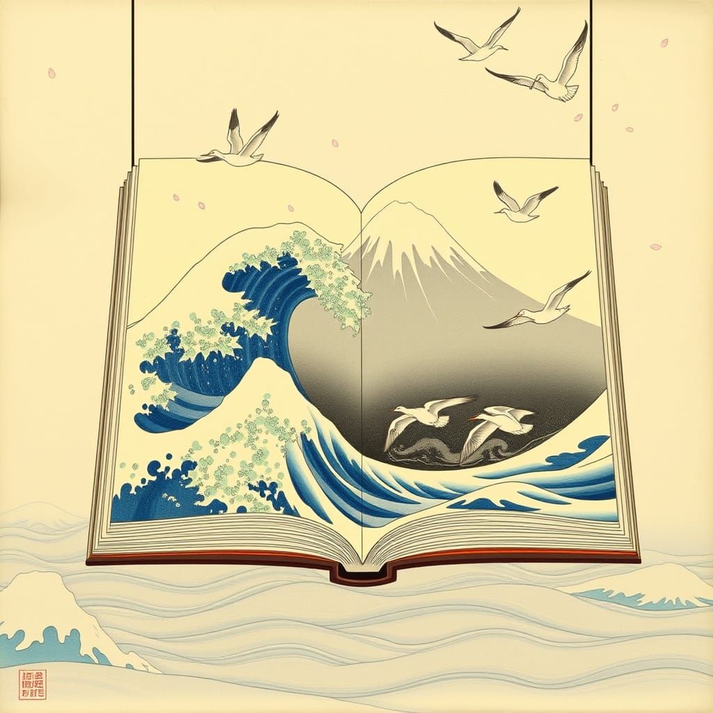 Floating Book Waterfall: Ukiyo-e Japanese Landscape