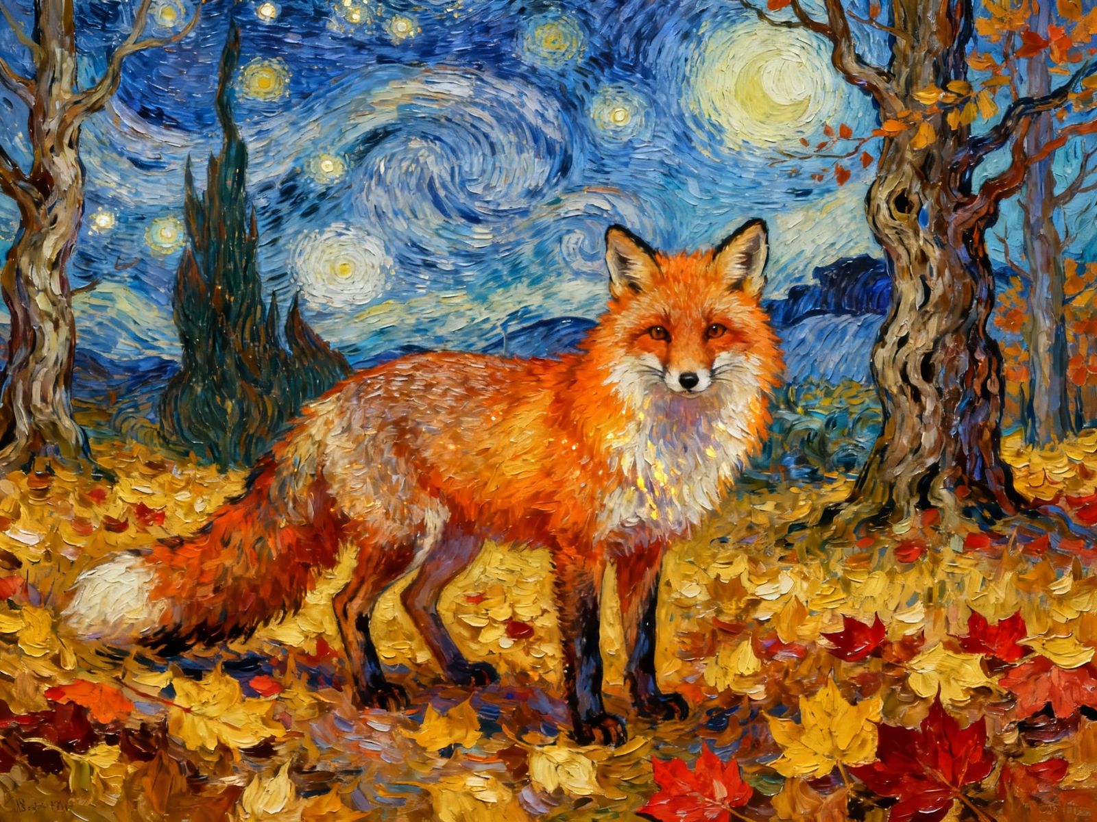 Impasto Fox in Autumn Forest at Night