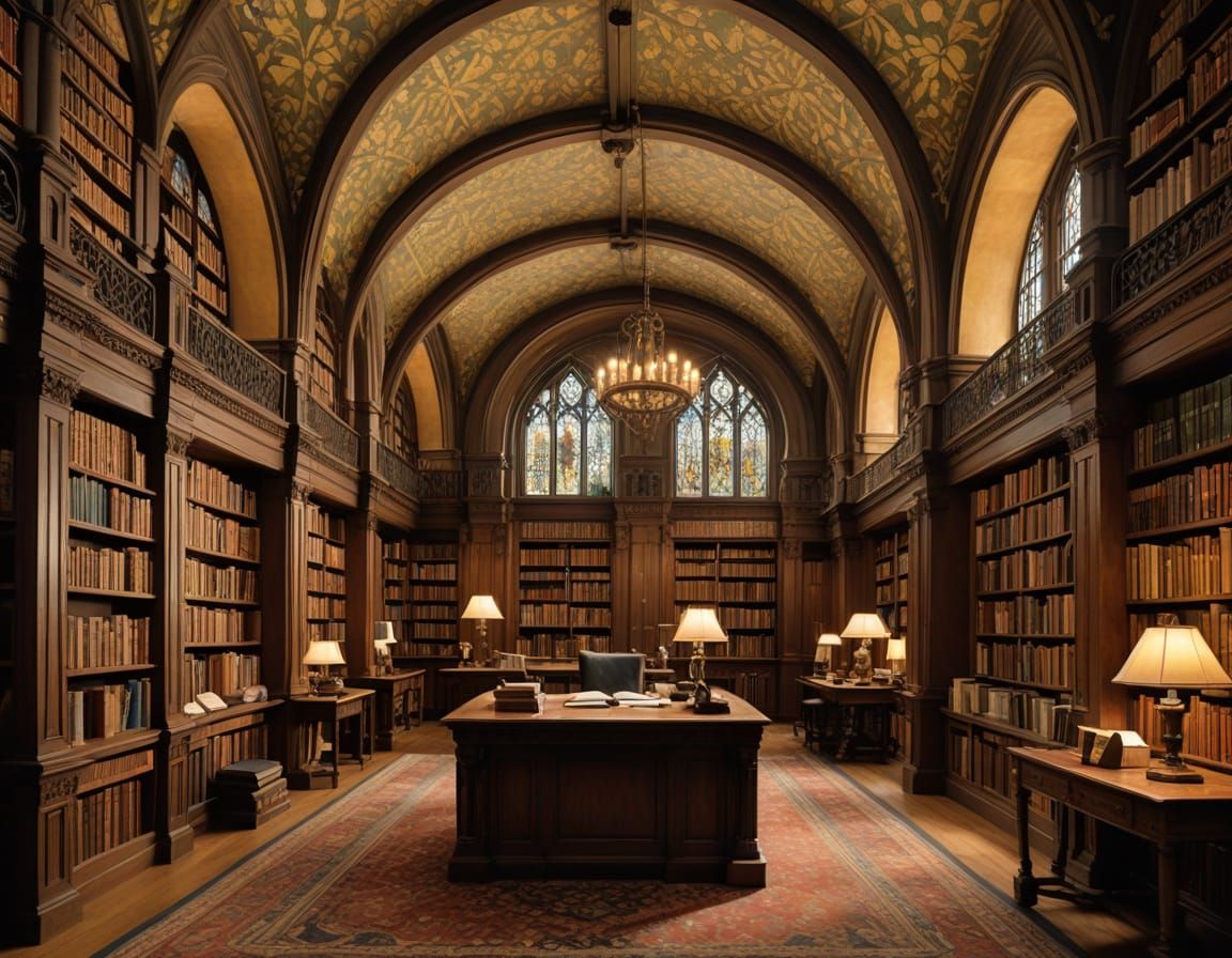 Enchanting Library with Gothic, Renaissance, and Art Nouveau...