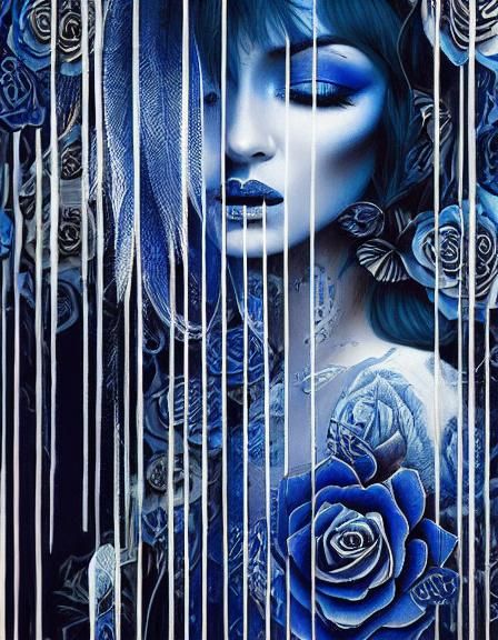 Zentangle Goth Woman Portrait with Blue Roses