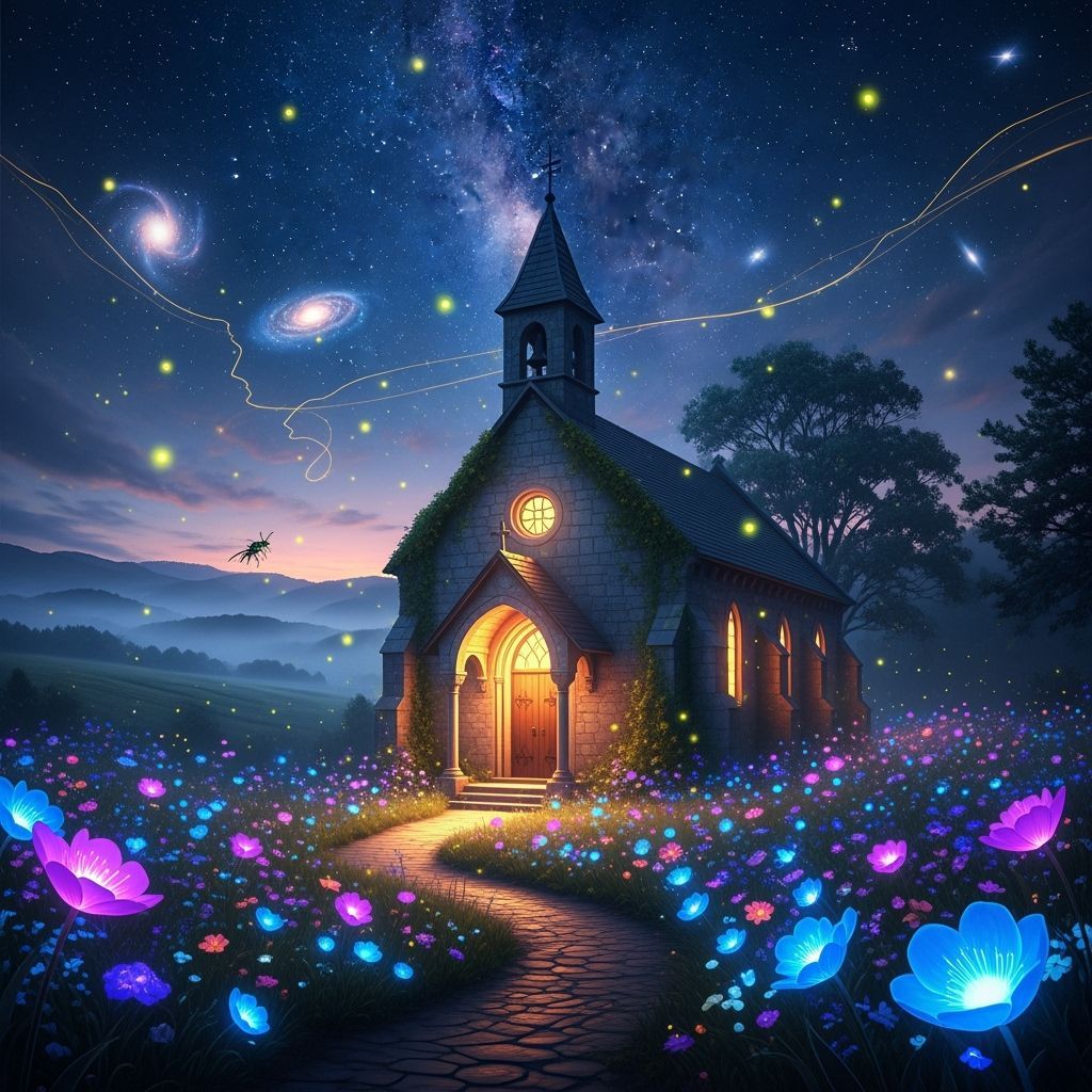 Neon Chapel in Fantasy Landscape as Matte Painting