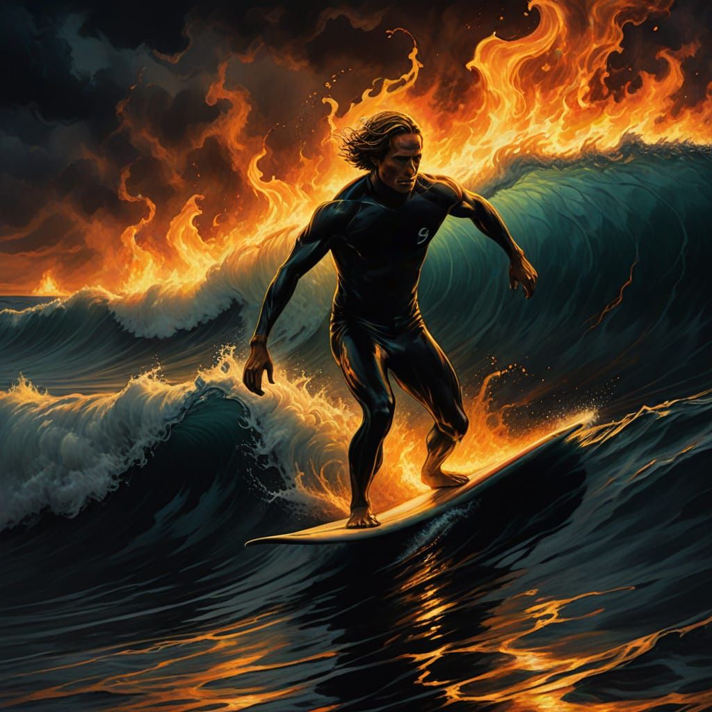 Surfer Rides Burning Oil Waves: Dark Fantasy Art