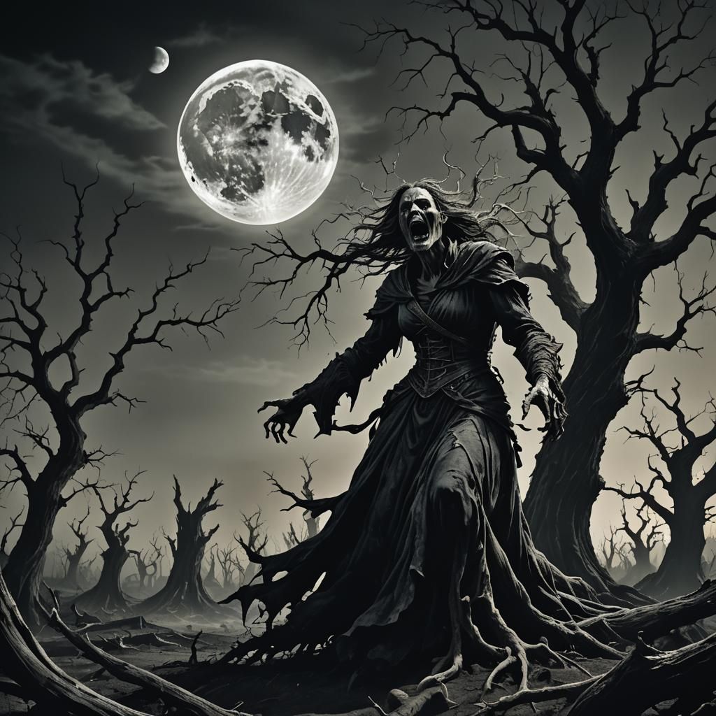 Banshee Screams at Moon in Ruined Landscape