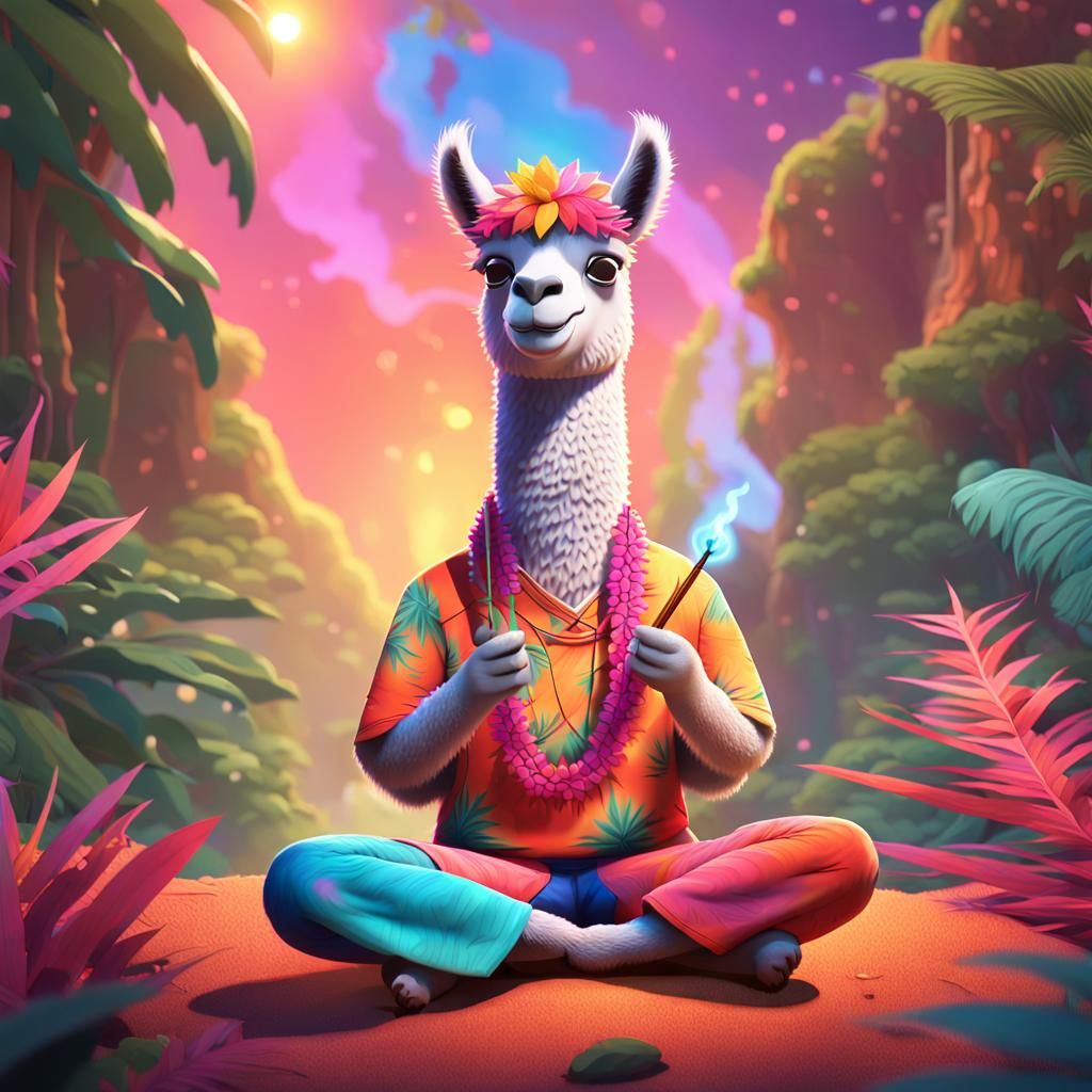 Pixar-Inspired Llama Meditates in a Tropical Jungle Paradise