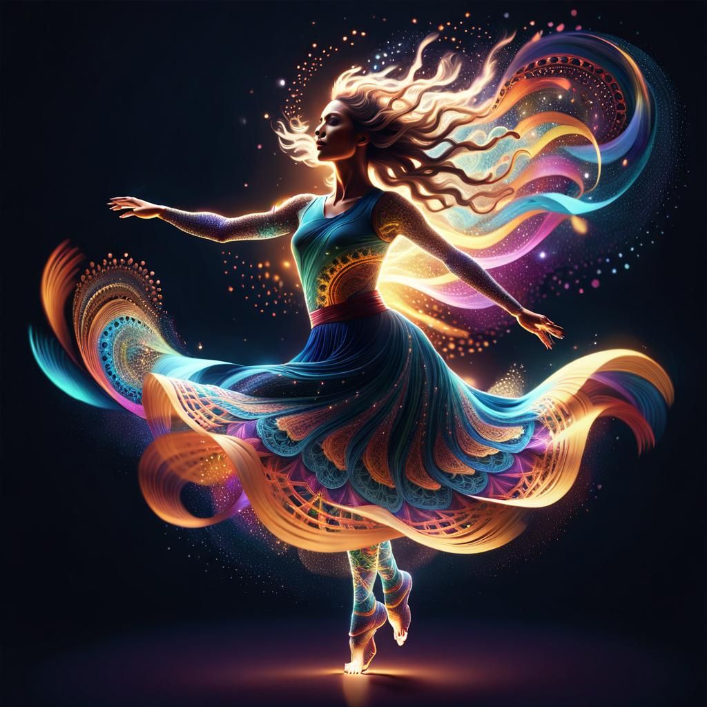 Sparkling Fractal Leap: Woman in Flight
