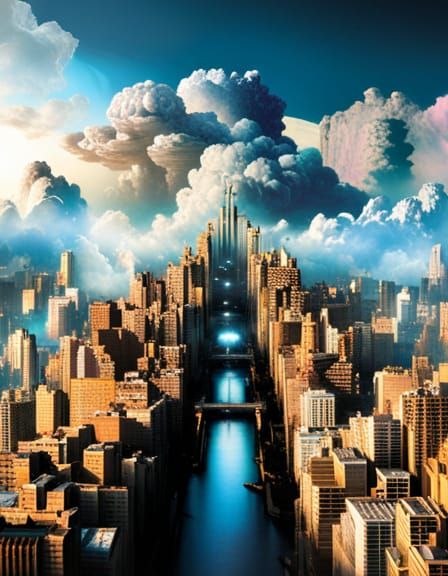 A White Cloud structured futuristic dreamscape city made of clouds floating in a dreamscape night sky Breathtaking cloud...