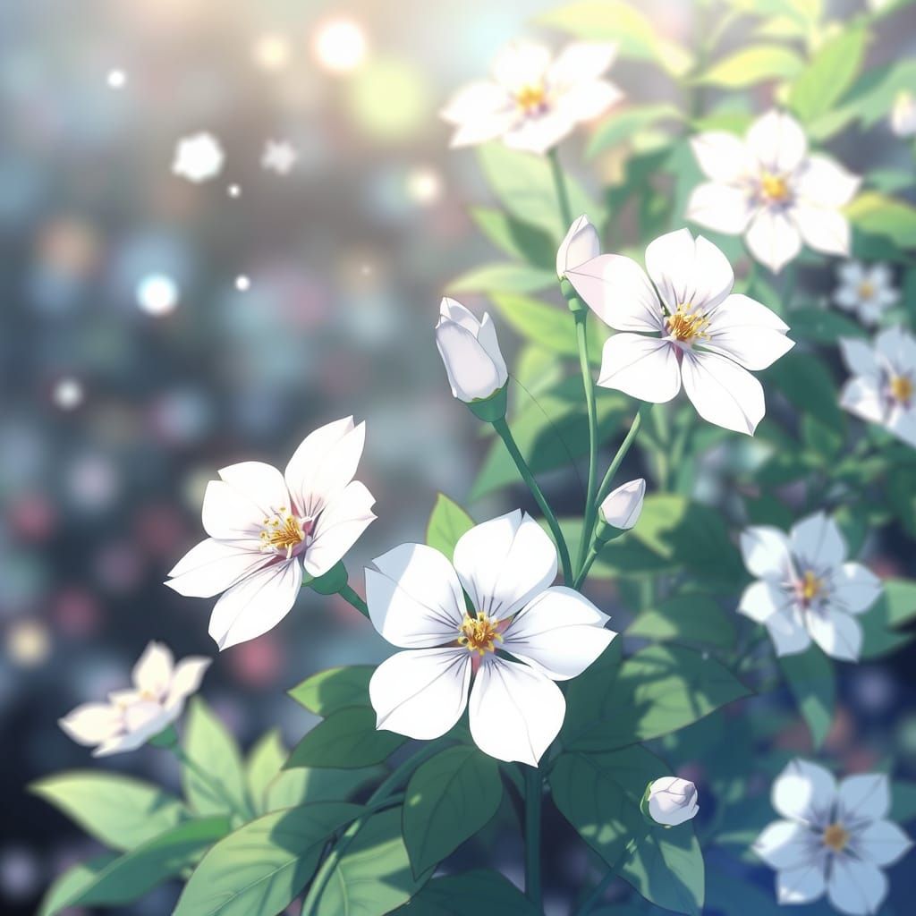 Blossoming White Flowers in Anime Style