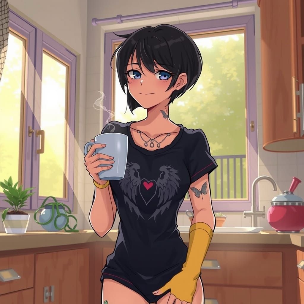 Gothic Emo Girl in Sunlit Kitchen Scene