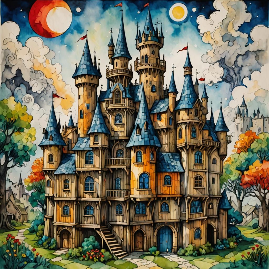 Whimsical Wooden Pallet Castle: Surrealist Watercolor