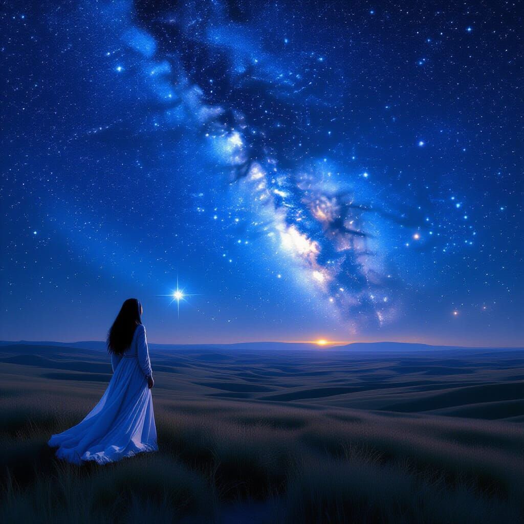 Egyptian Goddess Nuit as Starry Sky Over Plains